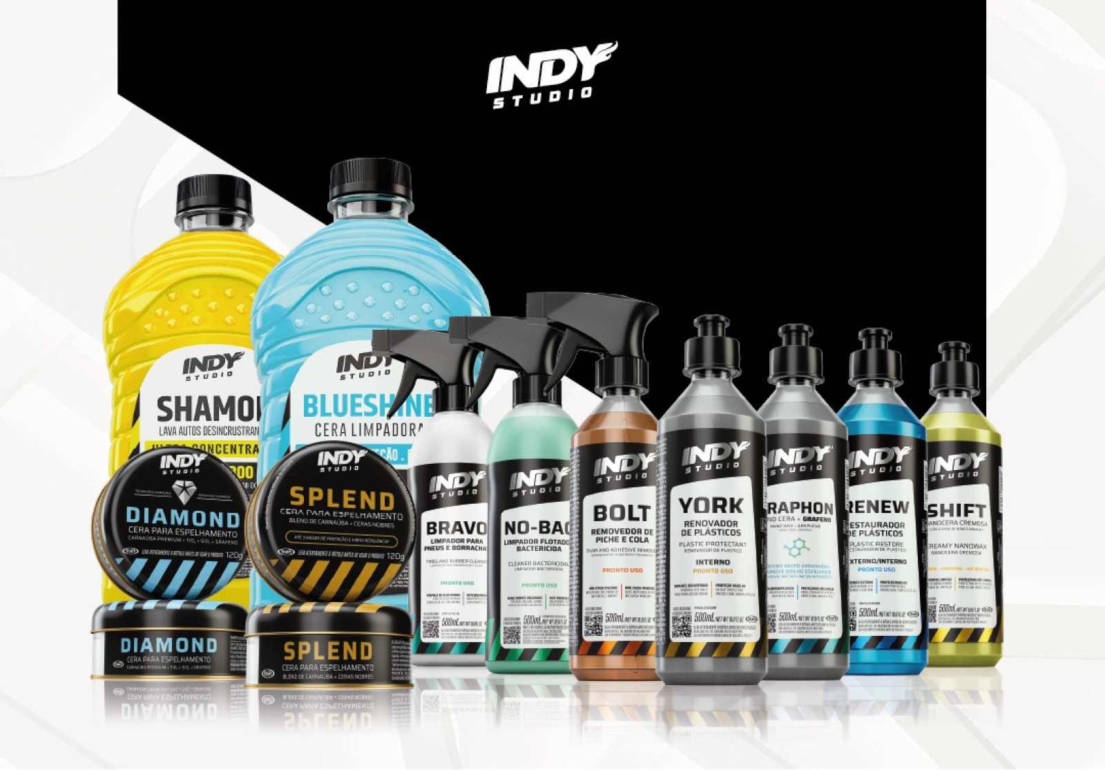 Linha de produtos automotivos Indy Studio com latas de cera, frascos com borrifador e embalagens de shampoo e renovadores em fundo claro.